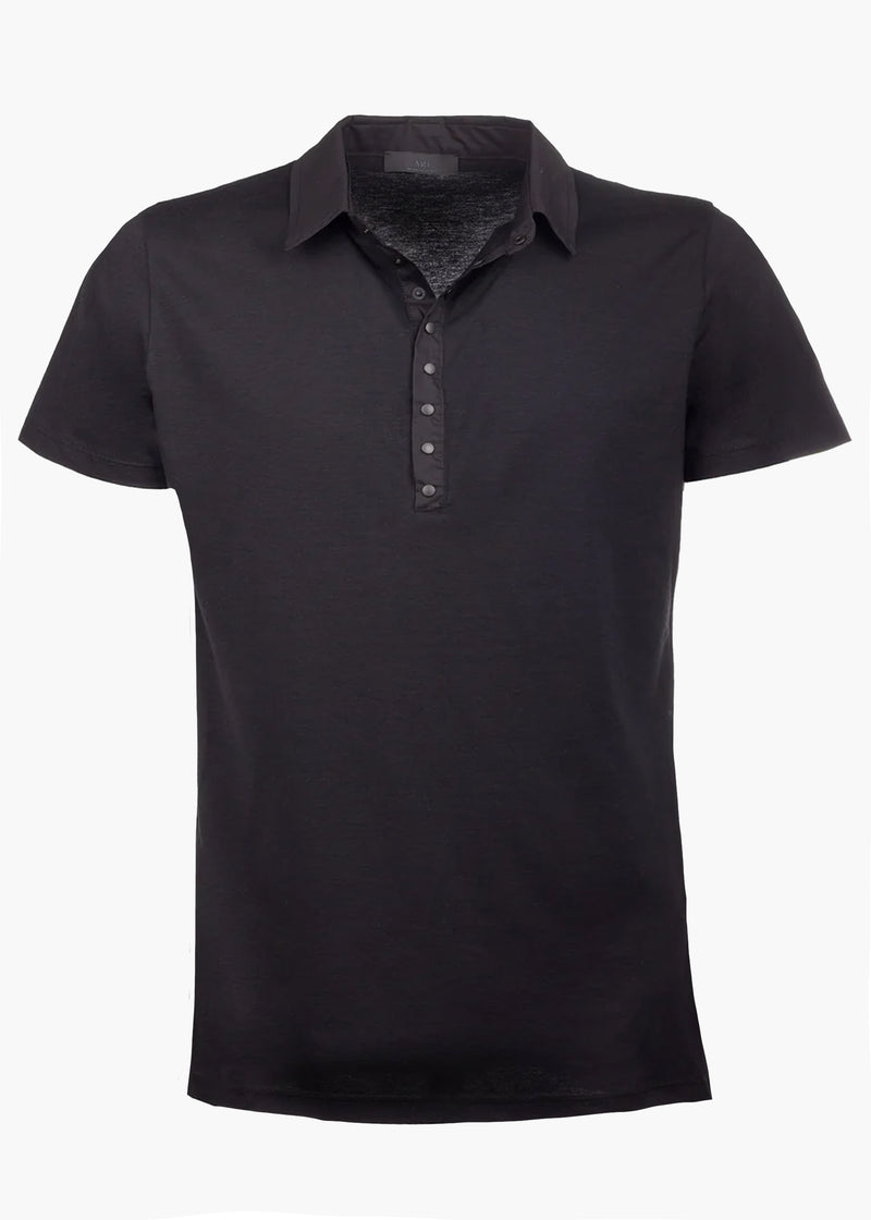 ARI COTTON STRETCH POLO WITH FRONT SNAPS IN BLACK