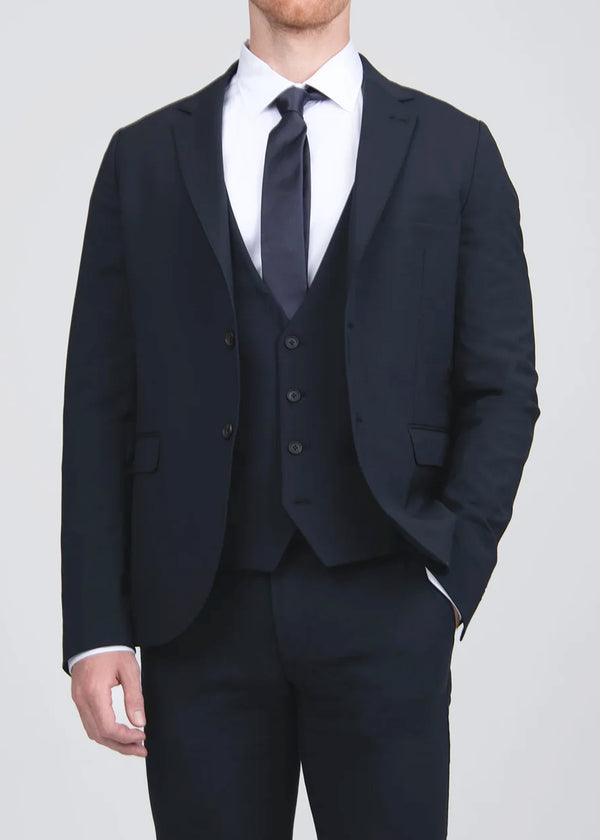 ARI EXCLUSIVE 3 PIECE STRETCHY WOOL SUIT IN NAVY BLUE