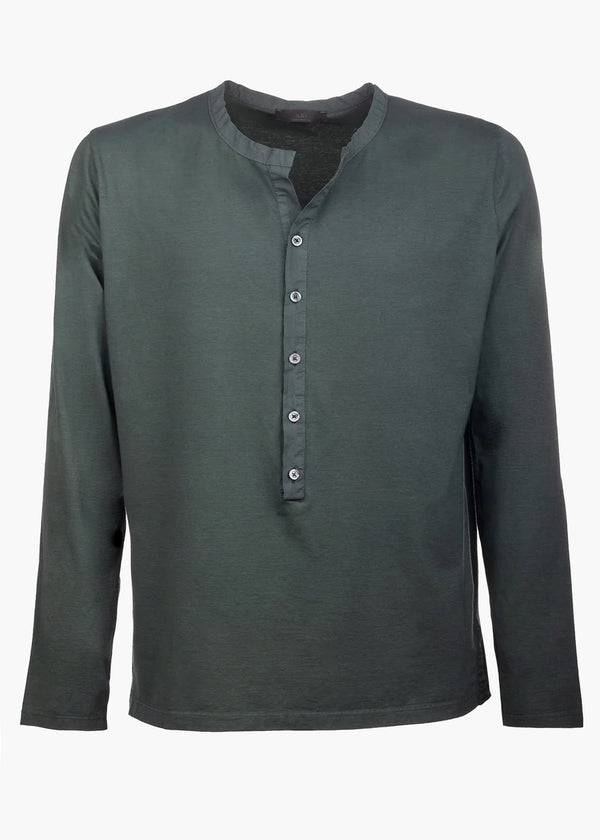ARI COTTON STRETCH LONG-SLEEVED HENLEY T-SHIRT IN GREEN