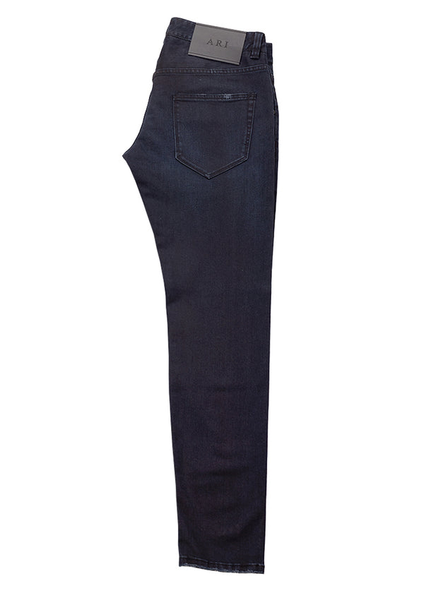 Side view of ARI Blue-Black Stretch Denim Jeans. Made in Italy