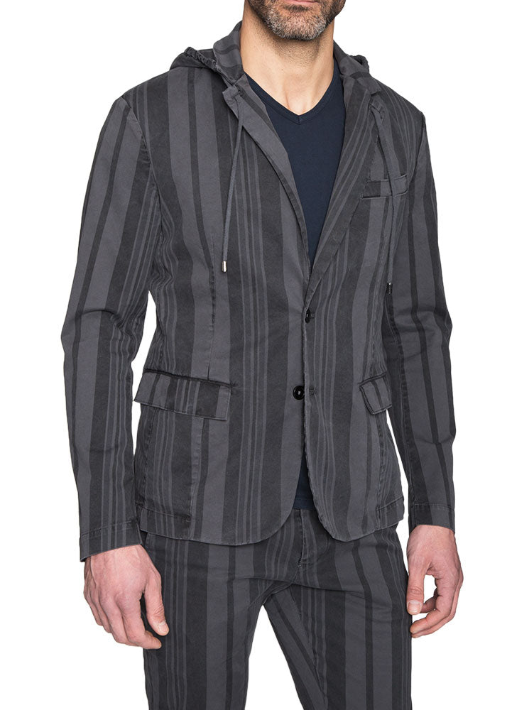 Grey Striped Hooded Blazer Jacket-Ari Soho