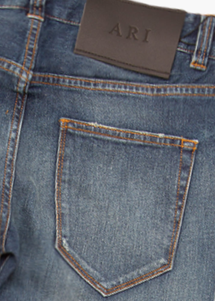 Detail view of ARI Blue Stretch Denim Jeans. Made in Italy