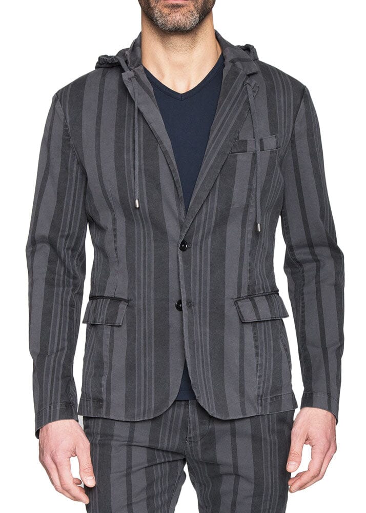 Grey Striped Hooded Blazer Jacket-Ari Soho