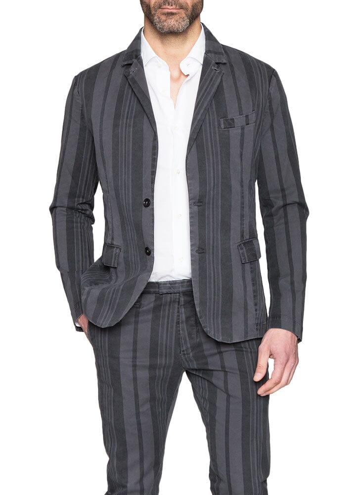 Grey Striped Hooded Blazer Jacket-Ari Soho