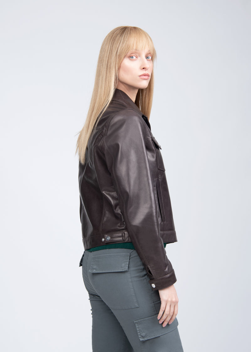 CORINE SIGNATURE LEATHER JACKET IN BROWN