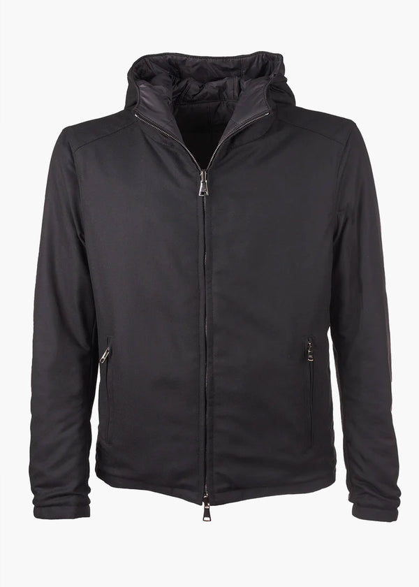 ARI REVERSIBLE MICRO CASHMERE HOODED JACKET IN BLACK