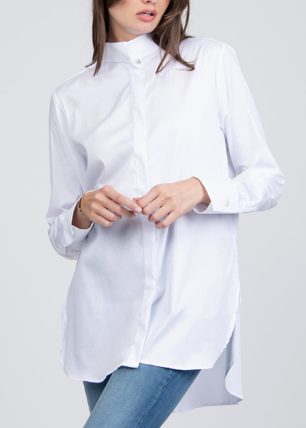 ELINA ELONGATED SILK STRETCH DRESS SHIRT IN WHITE