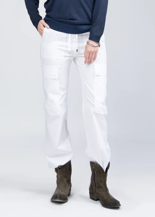 GIOVANNA STRETCH COTTON DRAWSTING CARGO PANTS IN WHITE