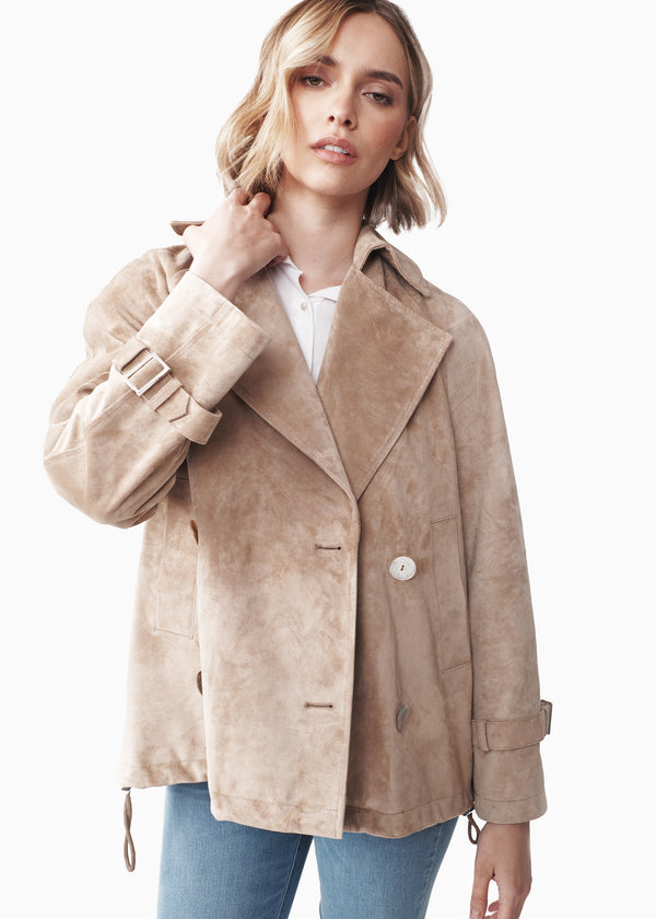 AMBER PERLA SUEDE SHORT DOUBLE BREASTED TRENCH COAT IN BEIGE