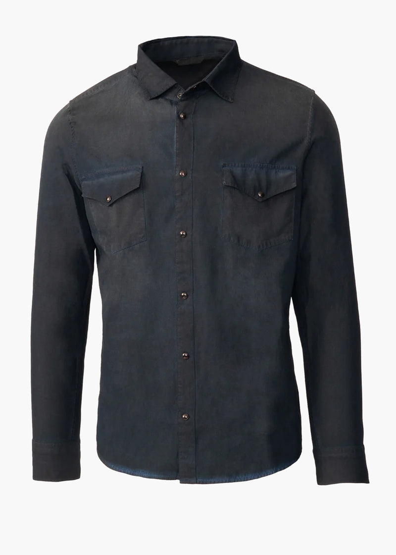ARI VICTOR DENIM SHIRT IN BLUE BLACK WITH BLACK SNAP BUTTONS
