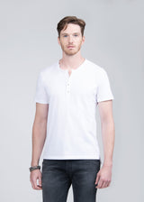 ARI COTTON STRETCH HENLEY DOUBLE SNAP T-SHIRT IN WHITE
