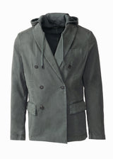 DOUBLE BREASTED ORGANIC COTTON BLAZER WITH DETACHABLE HOOD IN GREEN