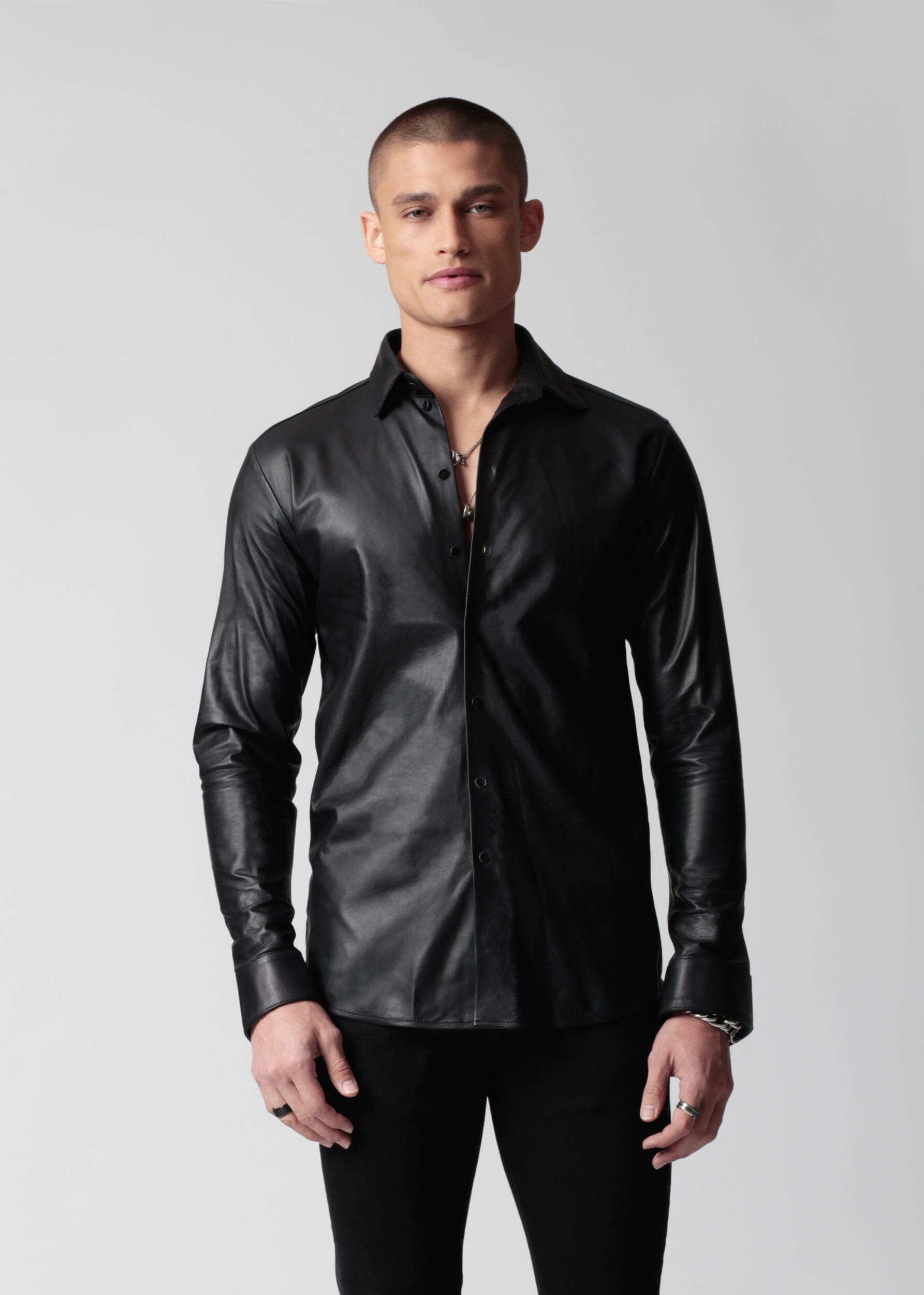 SIGNATURE LEATHER SHIRT IN BLACK