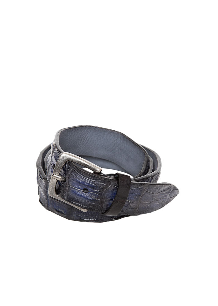 ARI Crocodile Leather Belt in Blue. Made in Italy