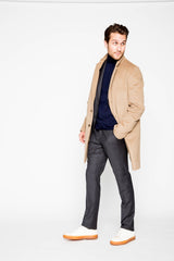 Complete look , side view ARI Camel Wool-Angora Travel Coat. Made in italy