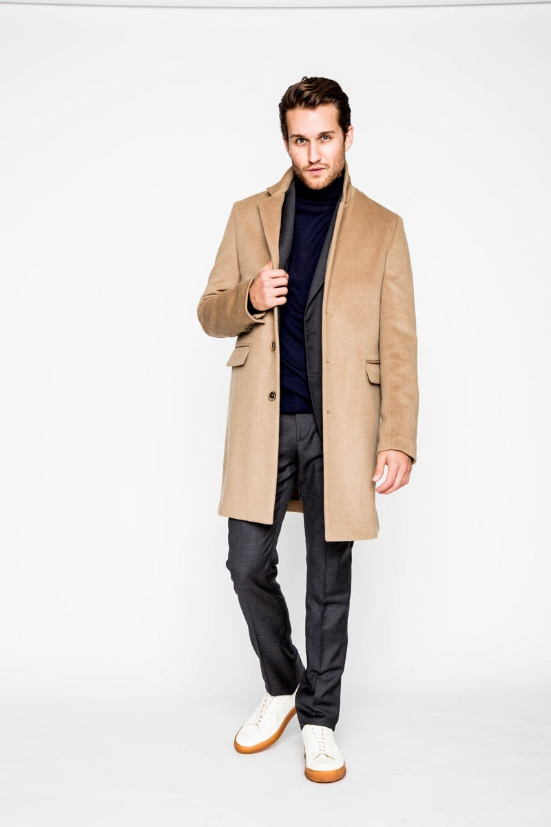 Complete look , front view ARI Camel Wool-Angora Travel Coat. Made in italy