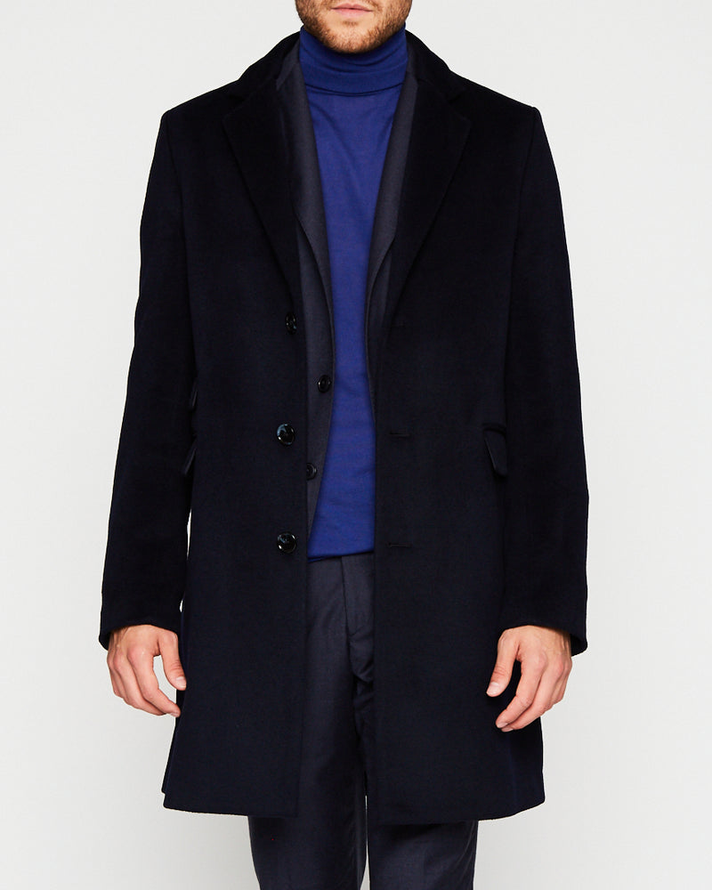 Front view on a model ARI Navy Wool-Angora Travel Coat. Made in italy