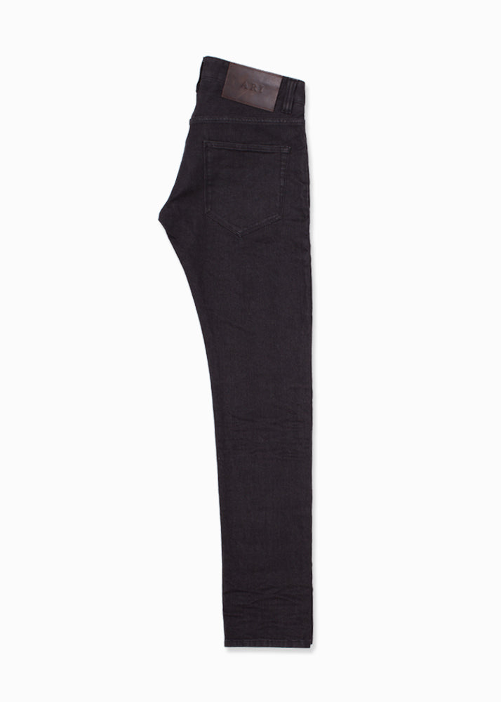 Side view of Complete look of ARI Black Raw Stretch Denim Jeans. made in Italy