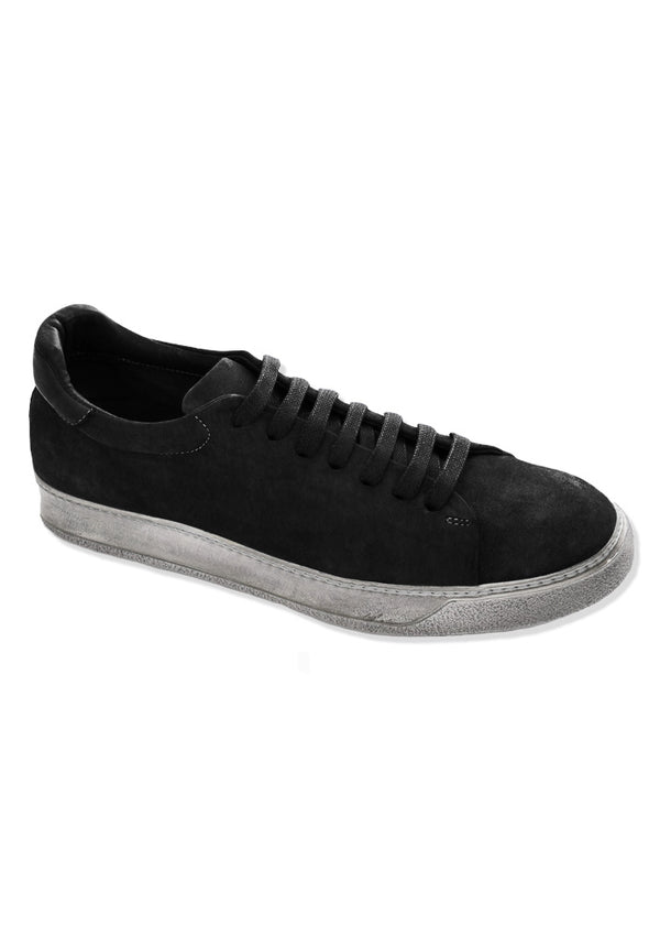 Side view (one shoe) ARI Low Top Sneaker in Black Wash Suede. Made in Italy