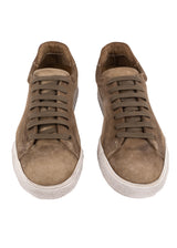 Front view (pair) ARI Low Top Sneaker in Olive Wash Suede. Made in Italy