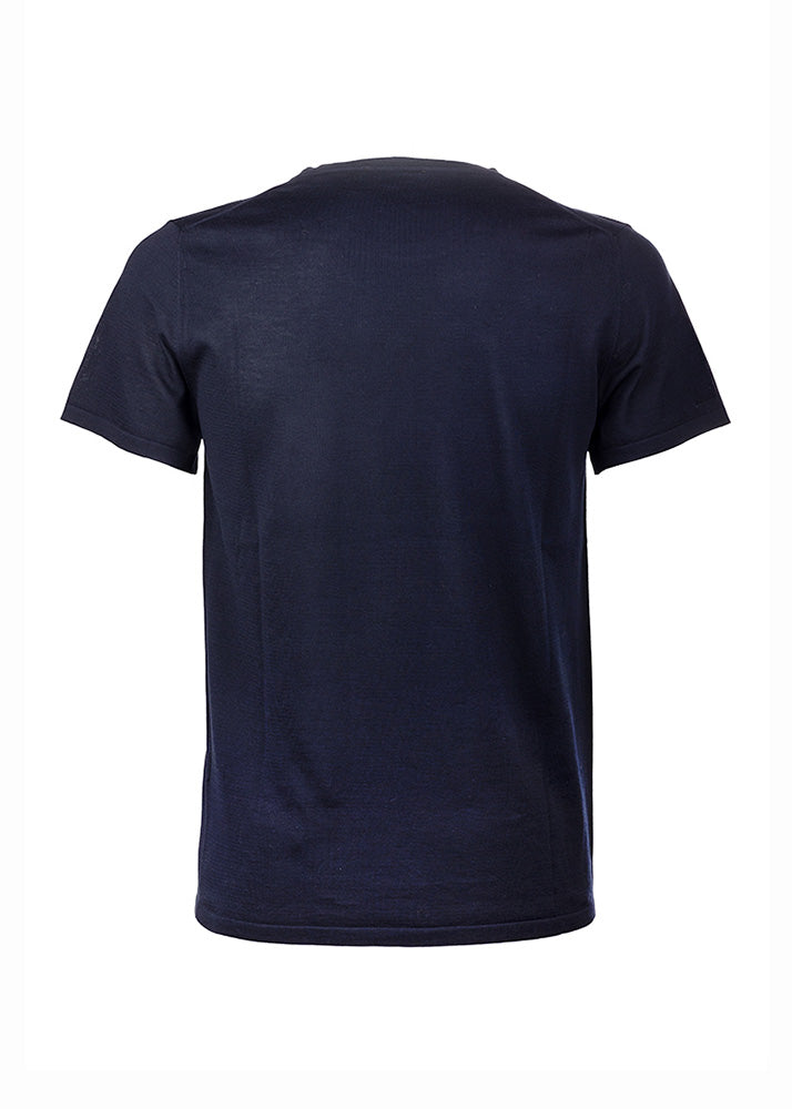 Back view ARI Knitted Crew T-Shirt Blue. Made in Italy