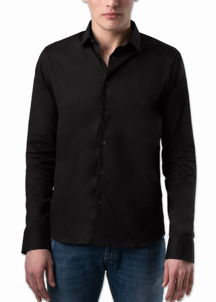 Front view on a model ARI 100-1 BLACK SHIRT. Made in Italy