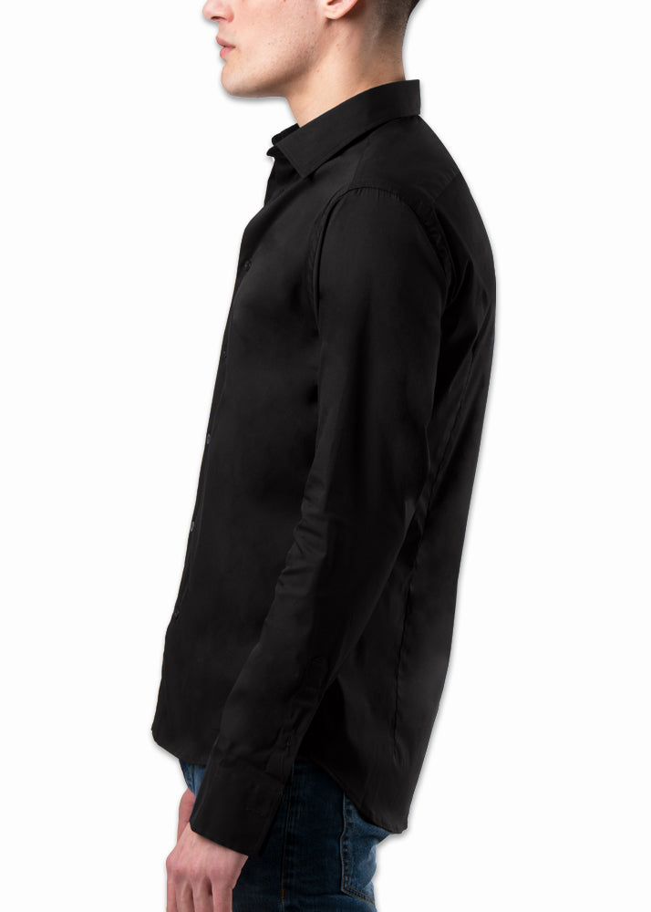 Side view on a model ARI 100-1 BLACK SHIRT. Made in Italy