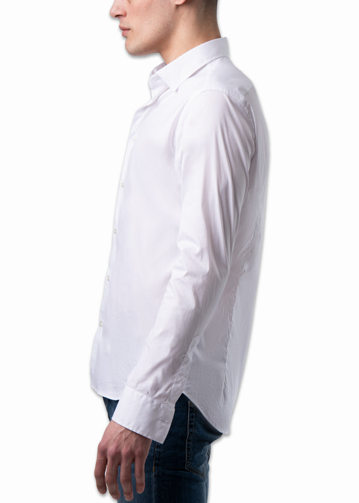 Side view on a model ARI 100-1 White Shirt. Hand Made in Italy