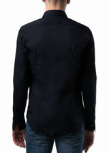 Back view on model ARI Long Sleeve Athletic Fit Shirt in Navy Blue. Hand made in Italy