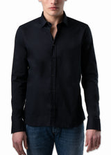 Front view on model ARI Long Sleeve Athletic Fit Shirt in Navy Blue. Hand made in Italy