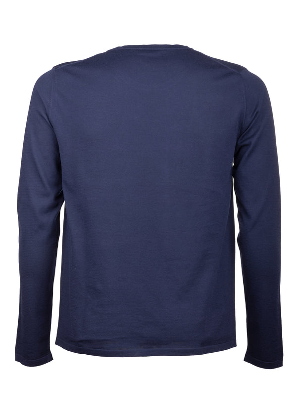 back view ARI Superfine Cotton knit Long Sleeve Sweater Navy Blue. Made in Italy
