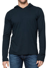 Front view on a model ARI Hooded Long Sleeve Blue T-shirt. Made in Italy