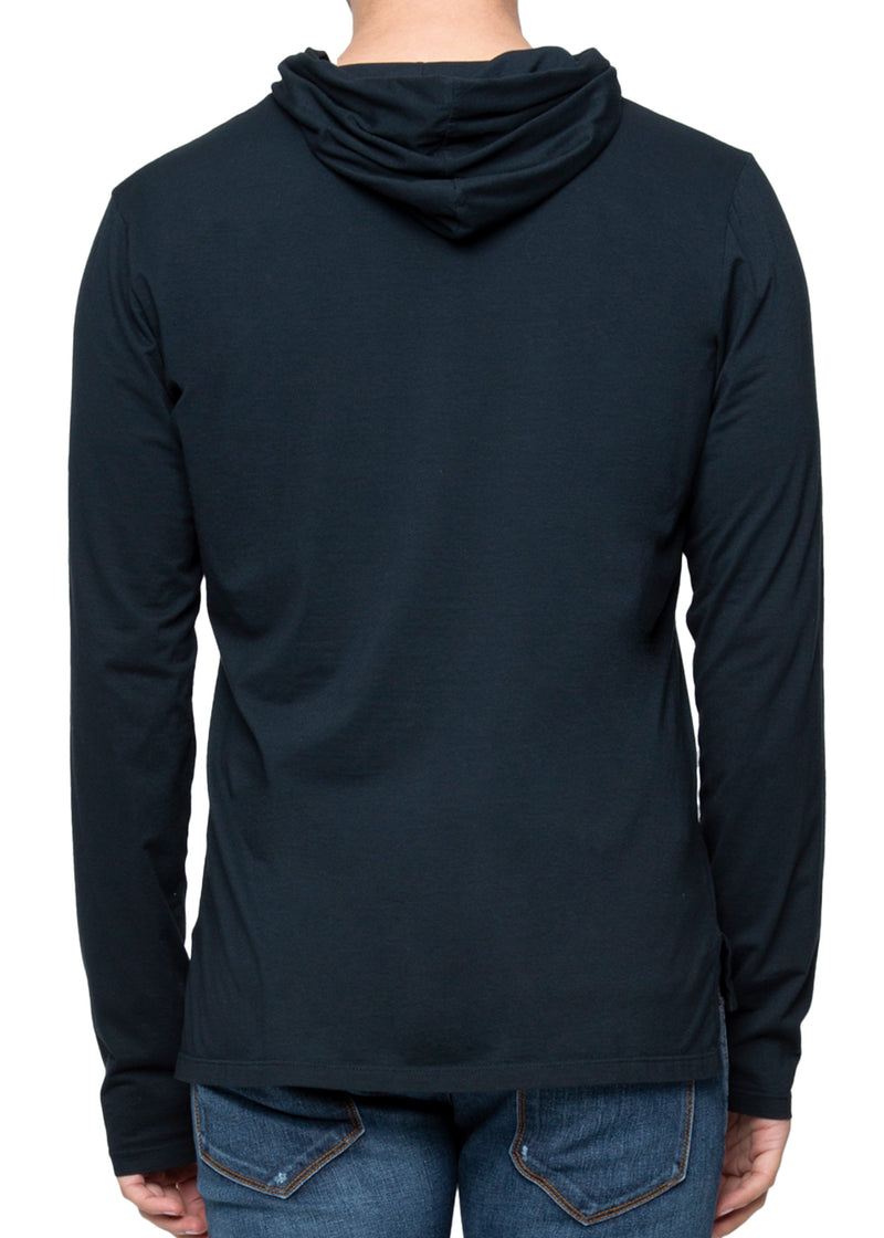 Back view on a model ARI Hooded Long Sleeve Blue T-shirt. Made in Italy