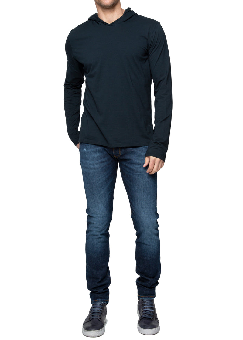 Complete look on a model ARI Hooded Long Sleeve Blue T-shirt. Made in Italy