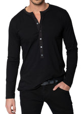Front view (on a model) ARI Long Sleeve Henley T-shirt Black. Made in Italy