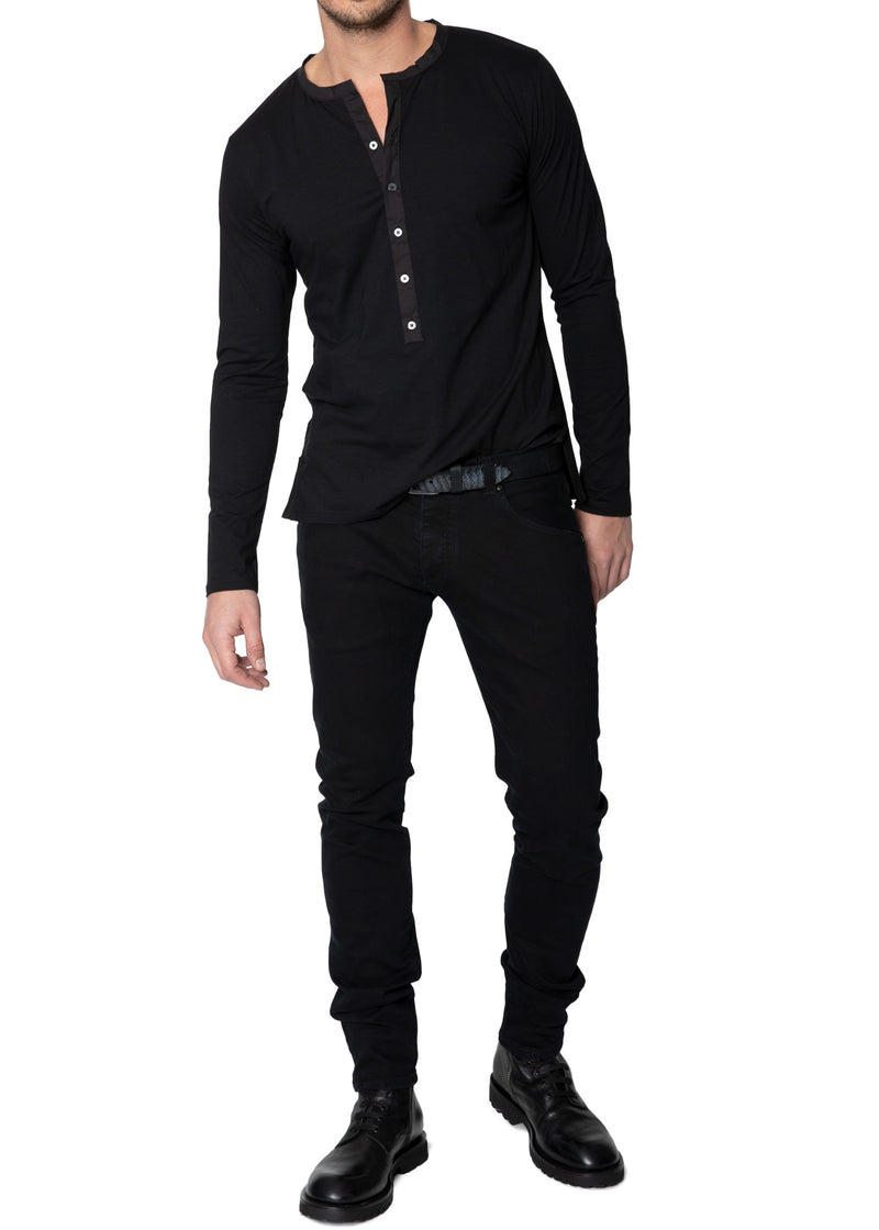 Complete look on a model ARI Long Sleeve Henley T-shirt Black. Made in Italy