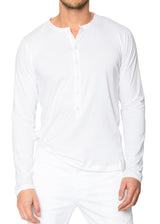 Front view on a model ARI Long Sleeve Henley T-shirt White. Made in Italy