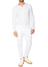 Front view (complete look) ARI Long Sleeve Henley T-shirt White. Made in Italy