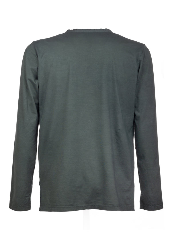 Back view ARI Long Sleeve Henley T-shirt Green. Made in Italy