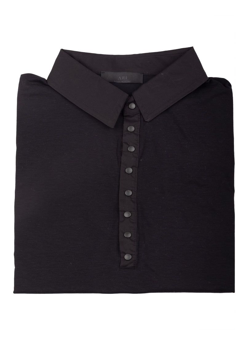 Detail view of ARI Cotton Stretch Polo T-Shirt Black. Made in Italy