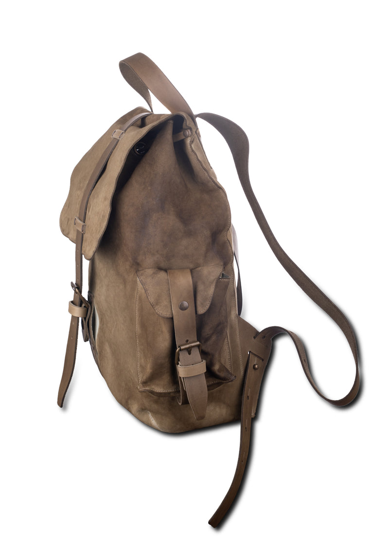 side view ARI Buck Leather Backpack Olive.Made in Italy