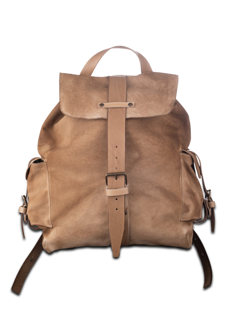 front view Buck Leather Backpack Sand. Made in Italy