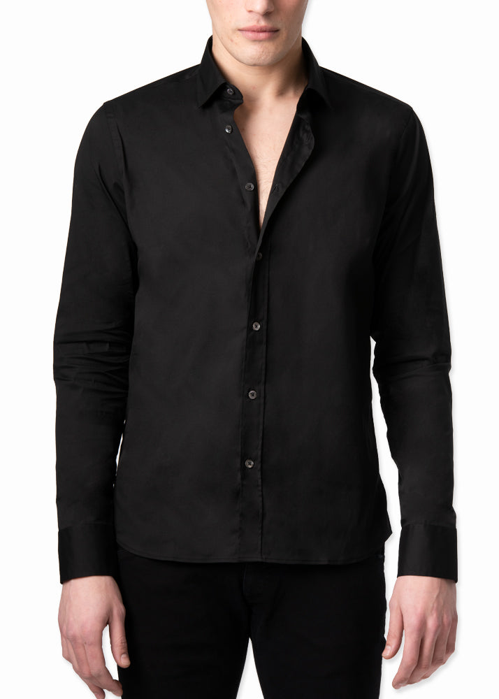 Front view on a model, ARI 100-9 Long Sleeve Athletic Black Shirt | Hand Made in Italy