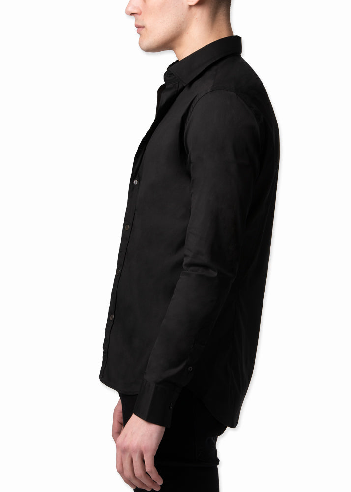 Side view on a model, ARI 100-9 Long Sleeve Athletic Black Shirt. Hand Made in Italy