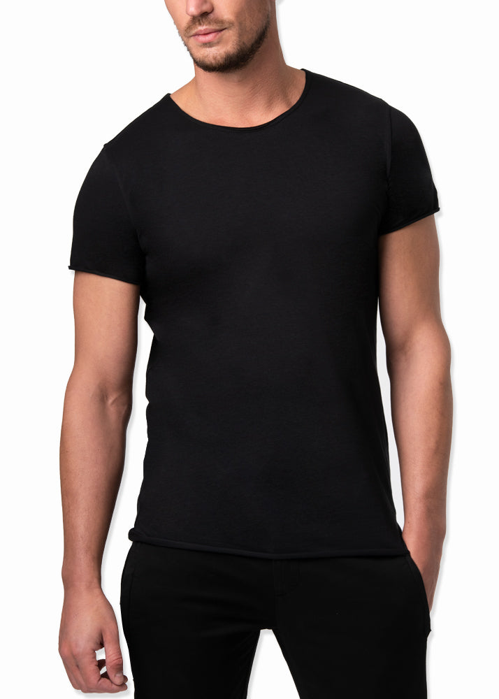Front view on a model ARI Crew Black T-shirt.  Made in Italy