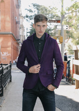 Complete look on a model ARI Fuji Violet Cashmere Travel Jacket. Made in Italy