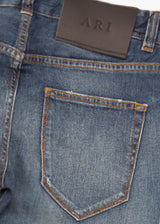 Detail view of ARI Blue Stretch Denim Jeans. Made in Italy