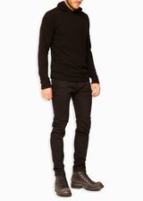 Side view complete look  ARI Black Cashmere  Pullover Hoodie. Made in Italy