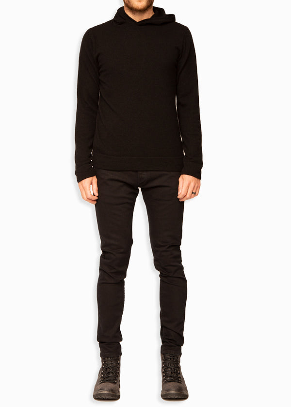 Front view complete look  ARI Black Cashmere  Pullover Hoodie. Made in Italy