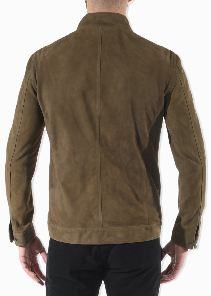Back view (on a model) ARI Kent Green Cashmere Suede Jacket. Made in Italy